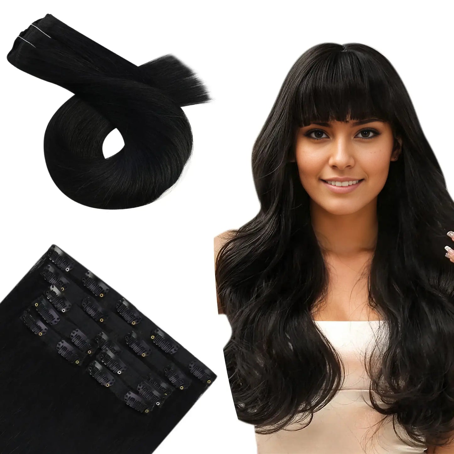 Clip in Hair Extensions 100% Real Human Hair Jet Black Straight Hair