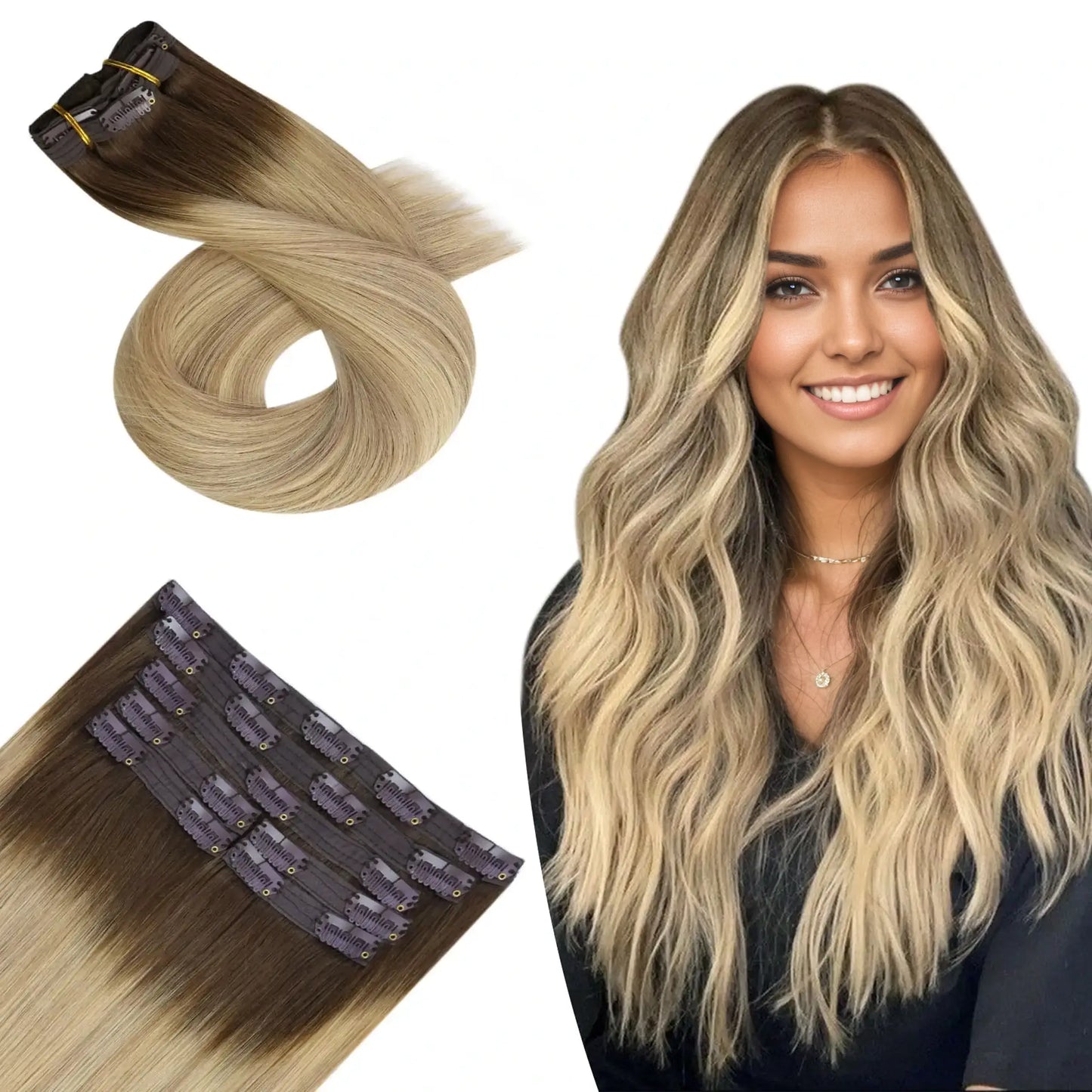 Clip in Hair Extensions Brown Mixed With Blonde For Thin Hair