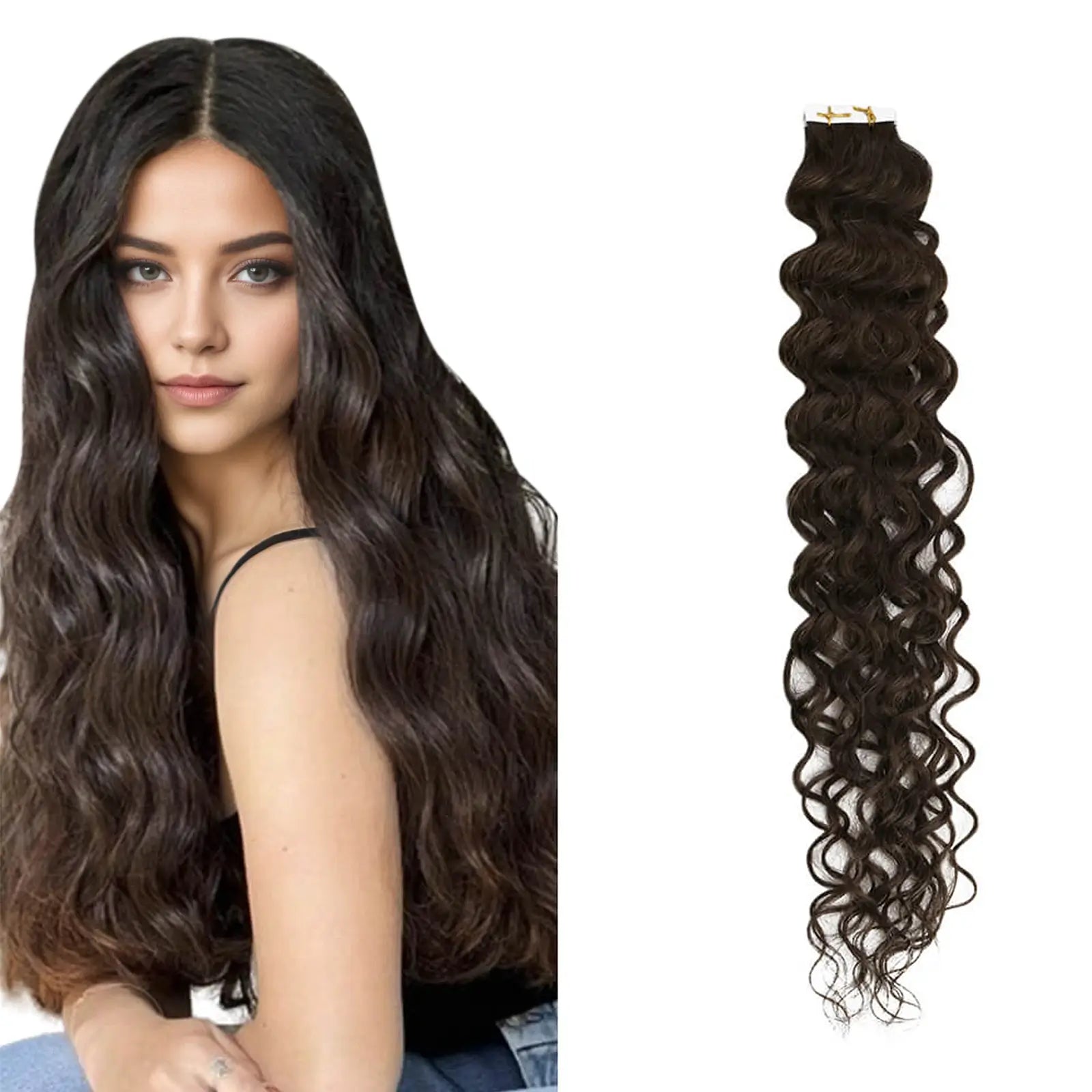 Natural Wavy Hair Extensions Injection Tape in Hair Darkest Brown #2