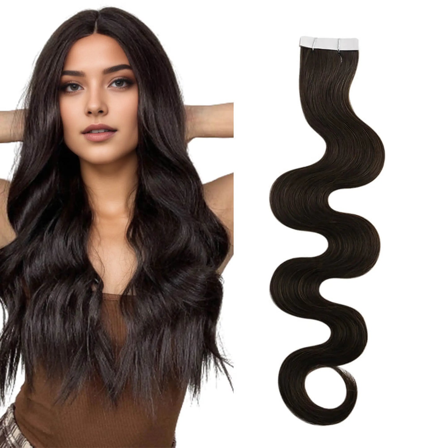 Beach Wavy Hair Extensions Injection Tape in Hair Darkest Brown #2