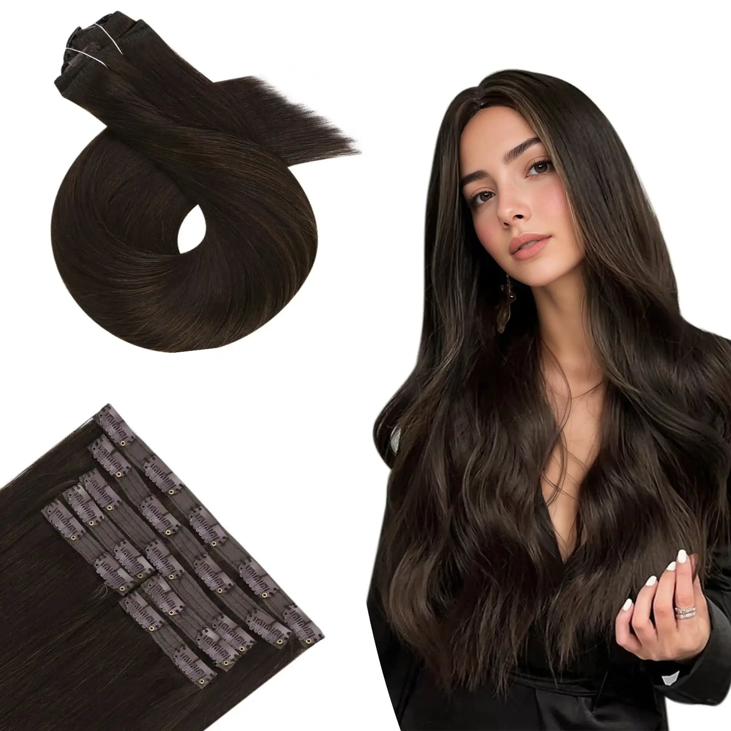 Clip in Hair Extensions Human Hair Darkest Brown