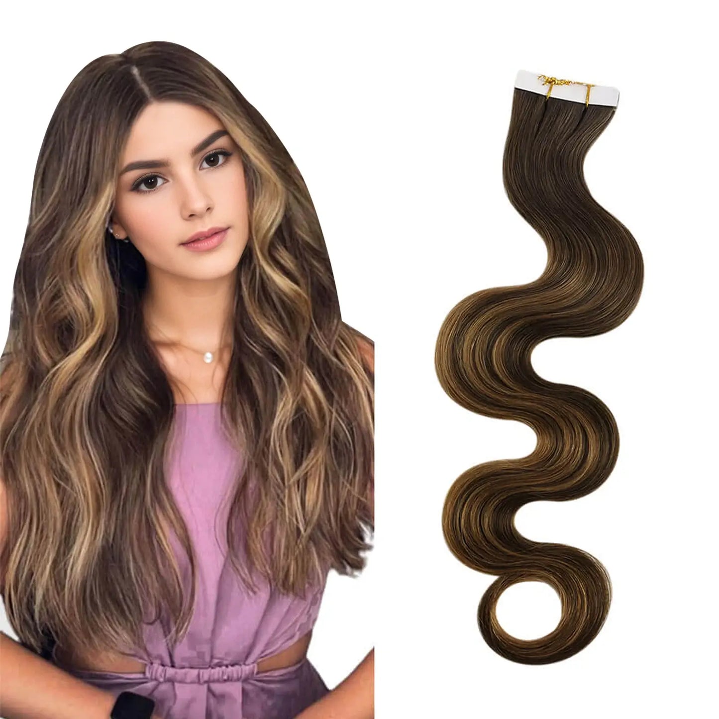 Body Wavy Seamless Inject Tape in Hair Extensions Balayage #4/27/4