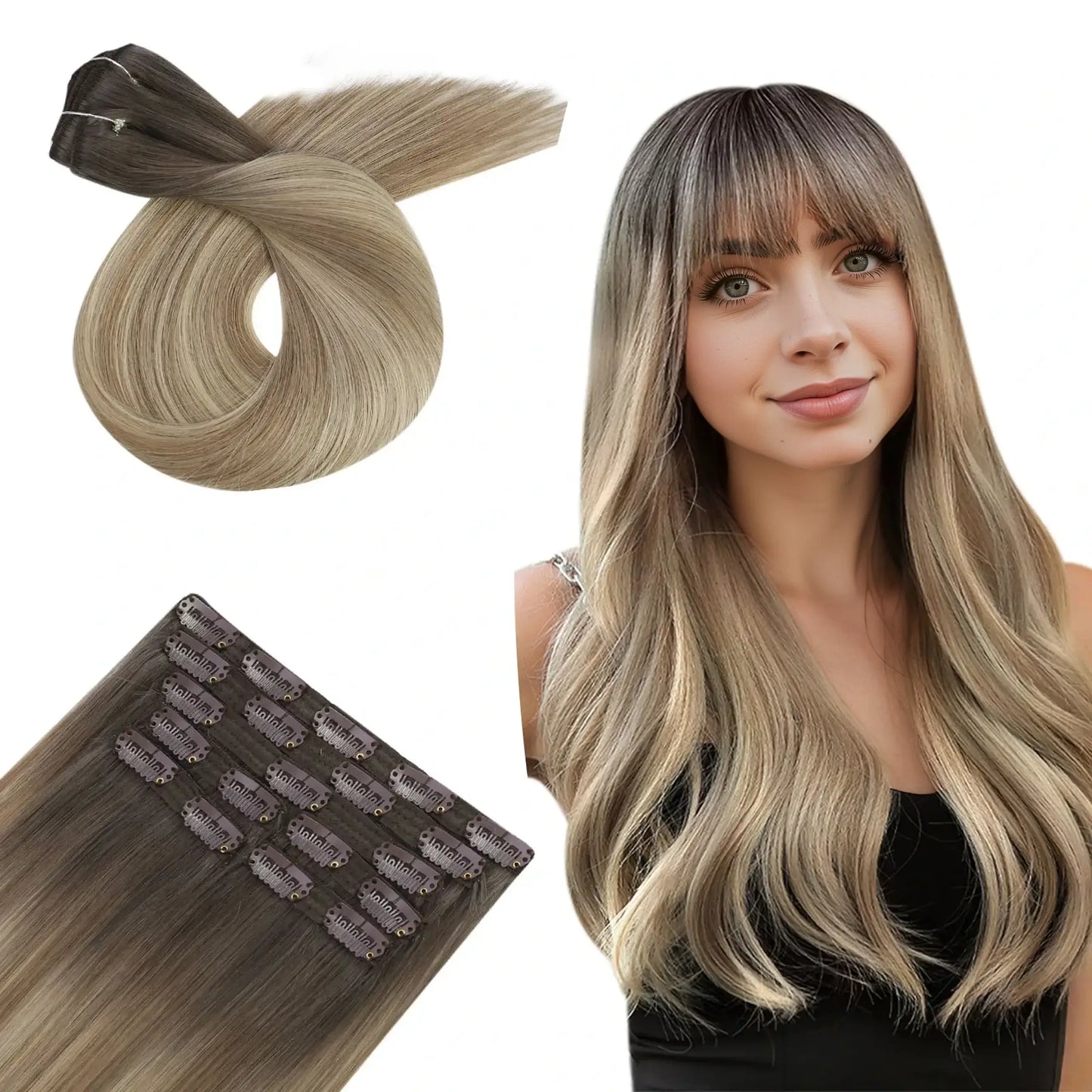 Human Hair Extensions Clip In Balayage Brown Blonde