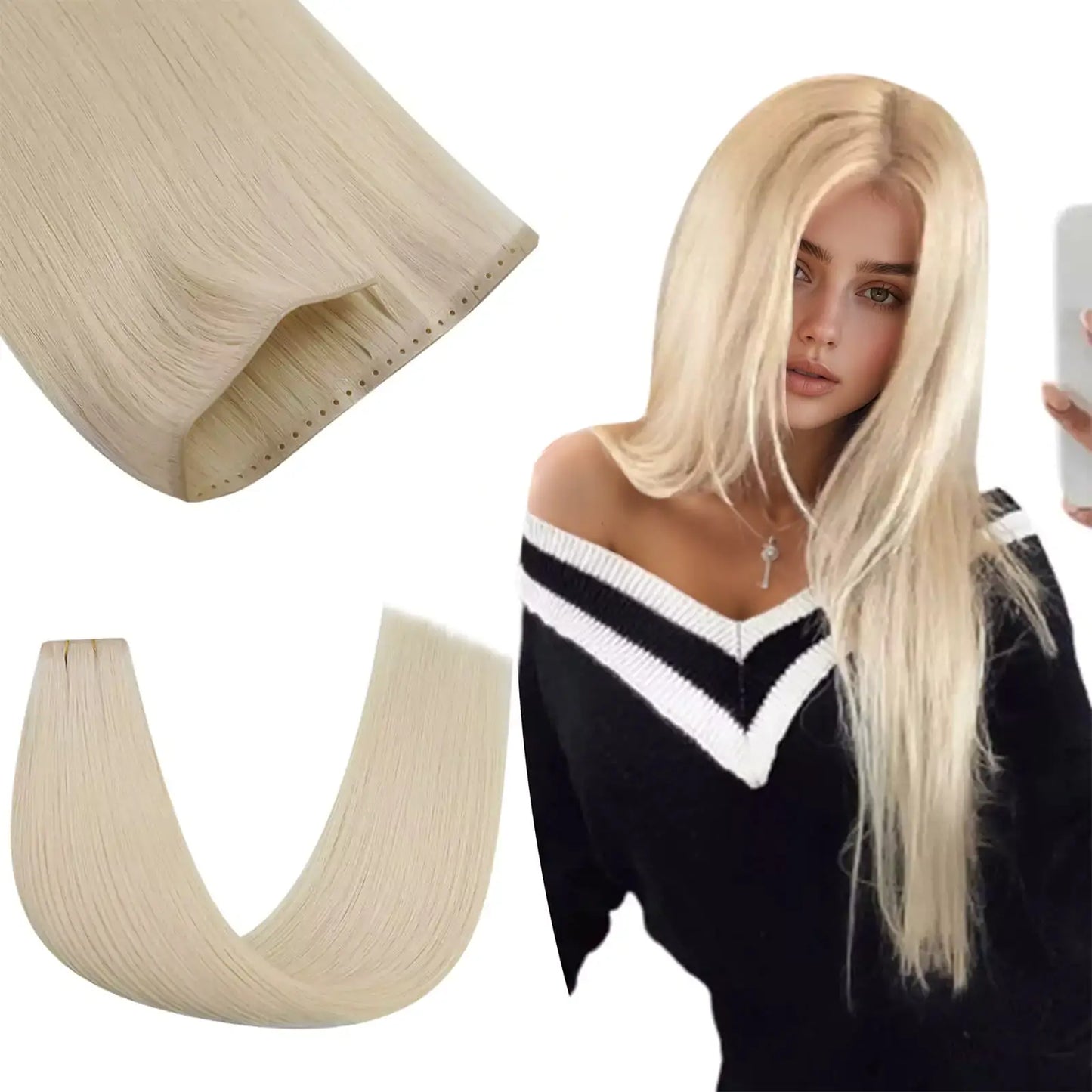 PU Invisible Skin Weft With Holes Human Hair Platinum Blonde