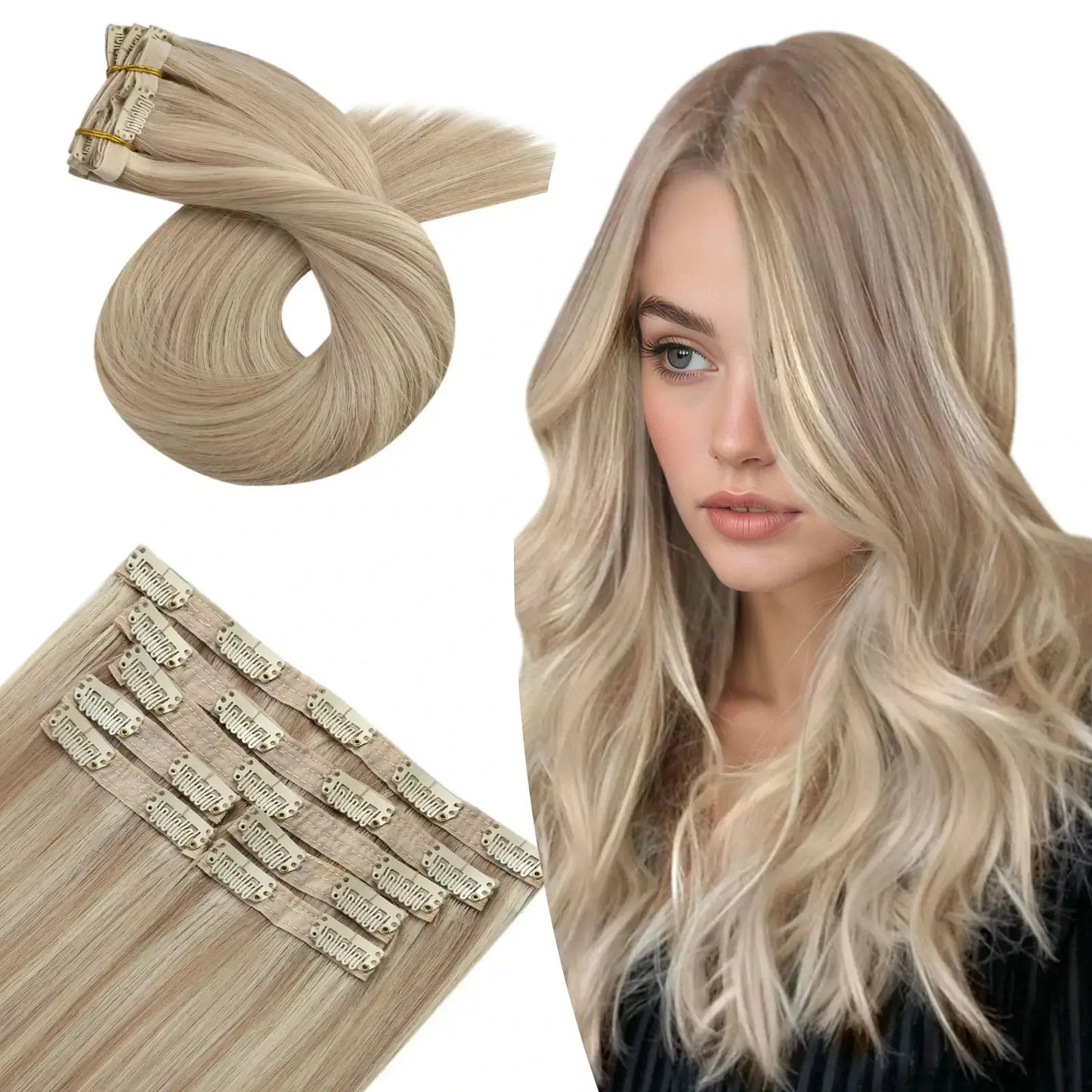 Clip in Extensions Ash Blonde Highlighted For Women Thin Hair