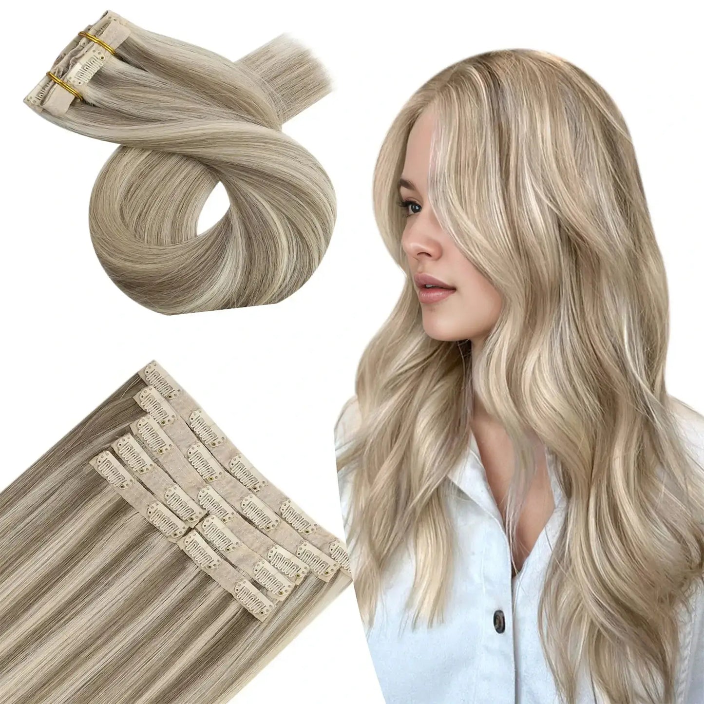 Clip in Hair Extensions 100% Human Hair Highlight Brown Blonde