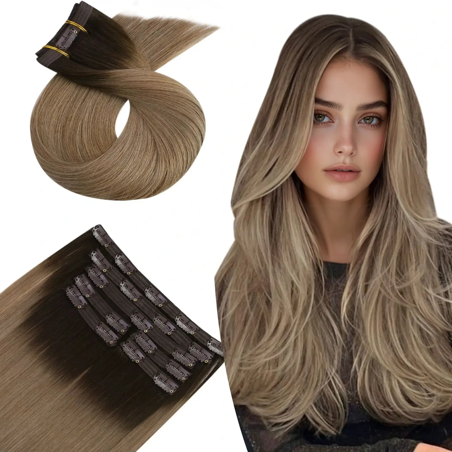 Balayage Human Hair Clip in Extensions Brown Blonde