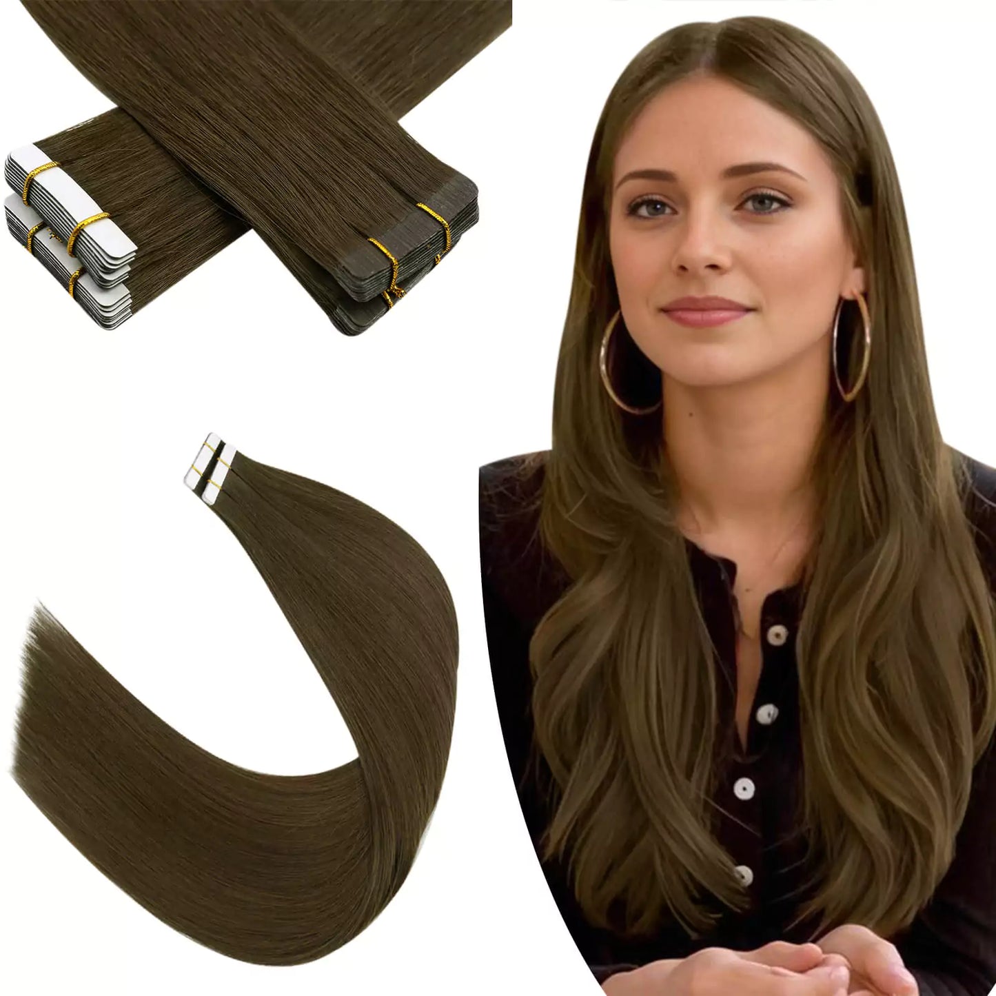 100% Virgin Human Hair Tape in Extensions Chocolate Brown Color 4