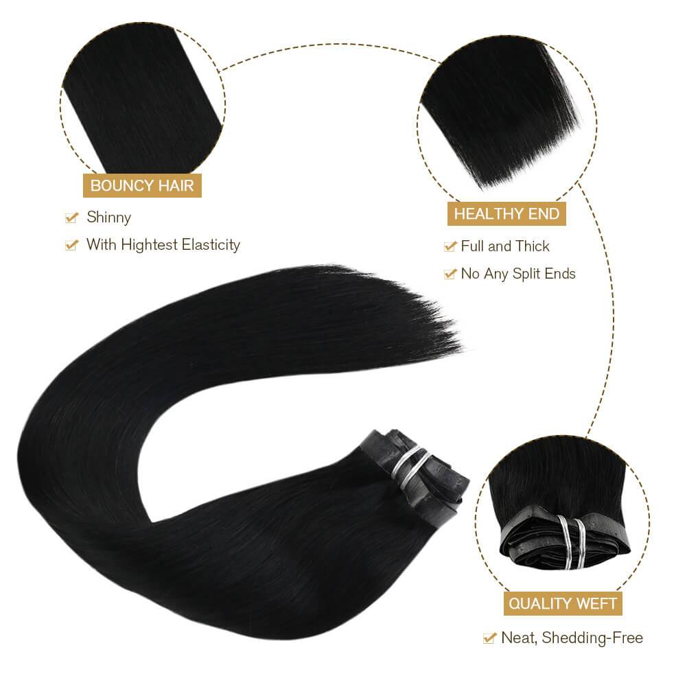 Clip on Remy Human Hair 22inch Jet Black #1 Full Head Extension Thick Hair