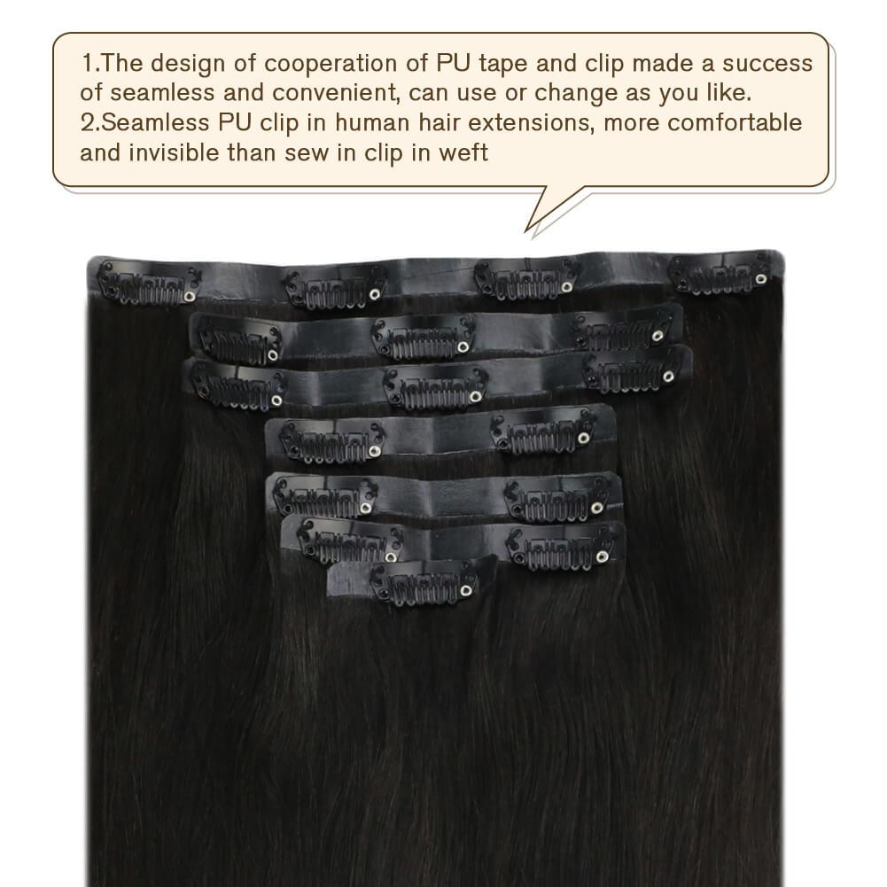 Clip Extensions for Women Off Black #1B PU Clip Straight Hair