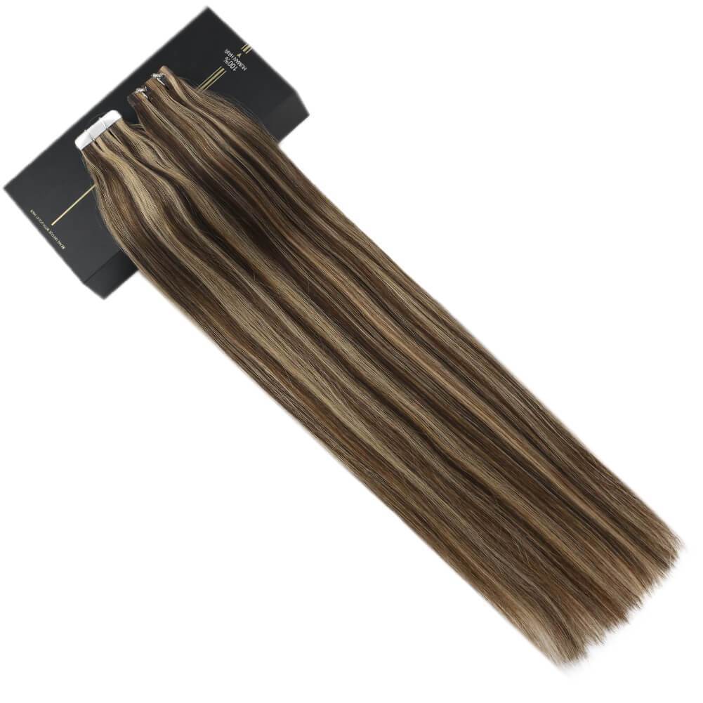 Remy Hair Tape on Extensions  #4 Dark Brown Highlighted #27 Blonde