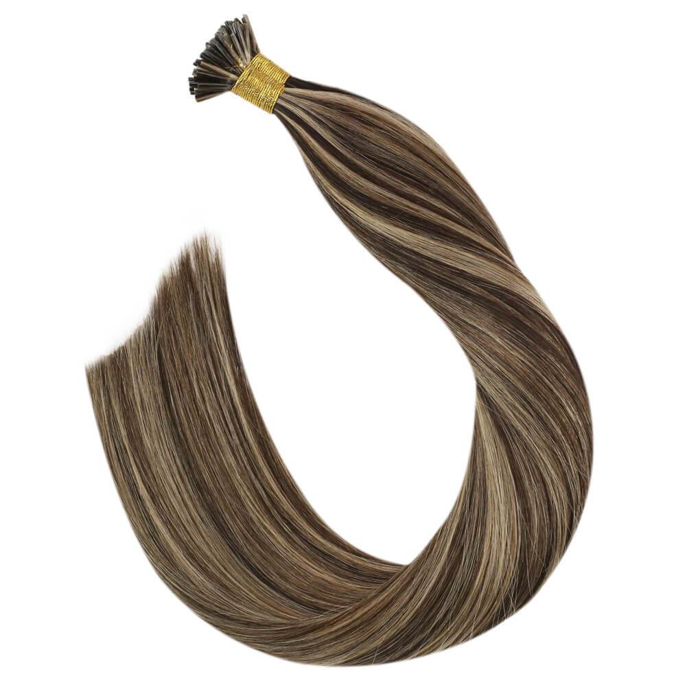 Dark Brown Highlighted Caramel Blonde I Tip Cold Fusion Human Hair