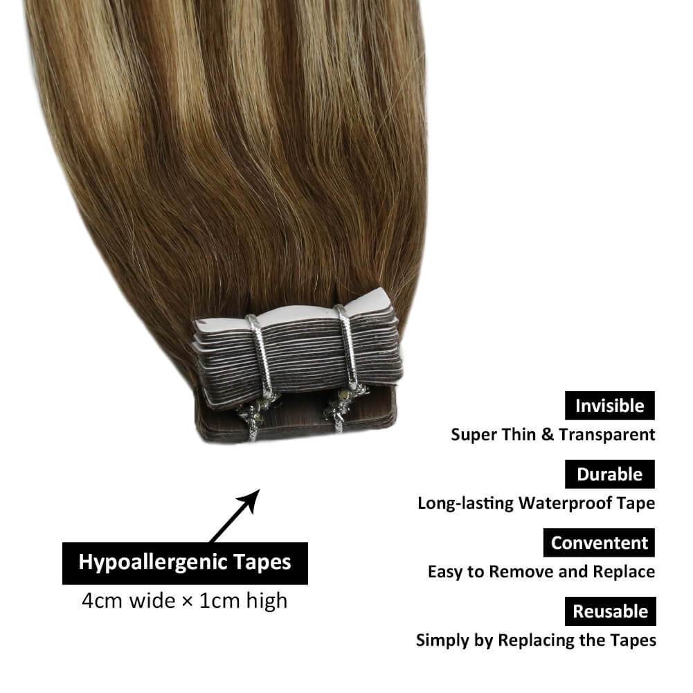 100% Human Hair Extensions Tape in #18/22/60 Brown with Blonde