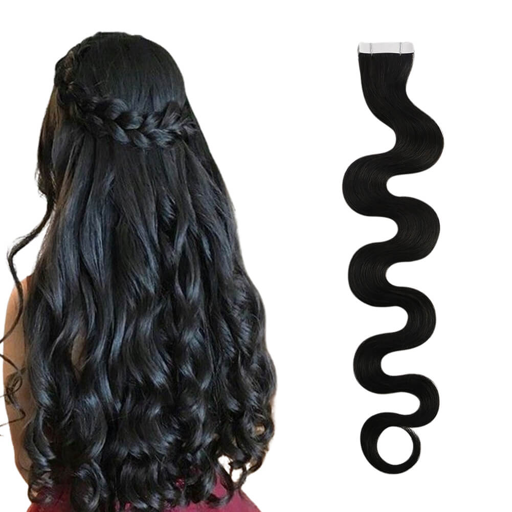 100% Human Hair Beach Wave Tape in Extensions For Black Hair #1B