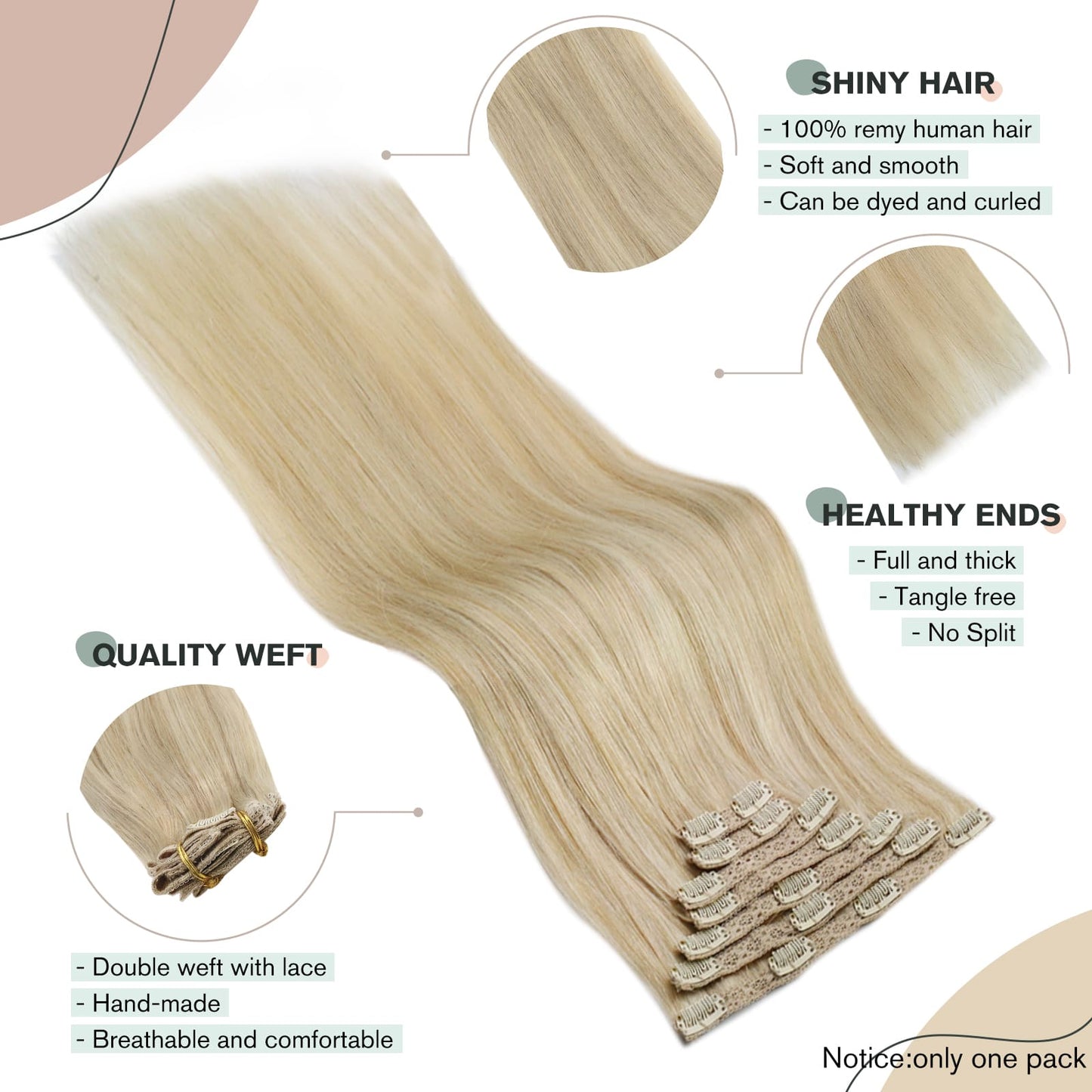Ugeat Human Hair Clip in Extensions 22 Inch Clip in Hair Extensions Full Head