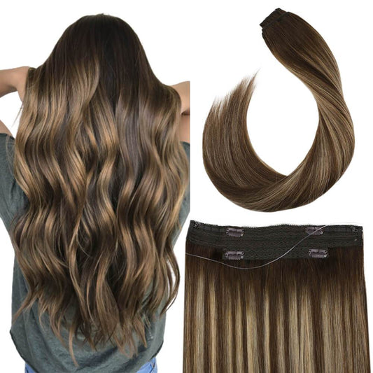 Halo Hair Extensions Flip on Hair Dark Brown with Blonde 4/27/4