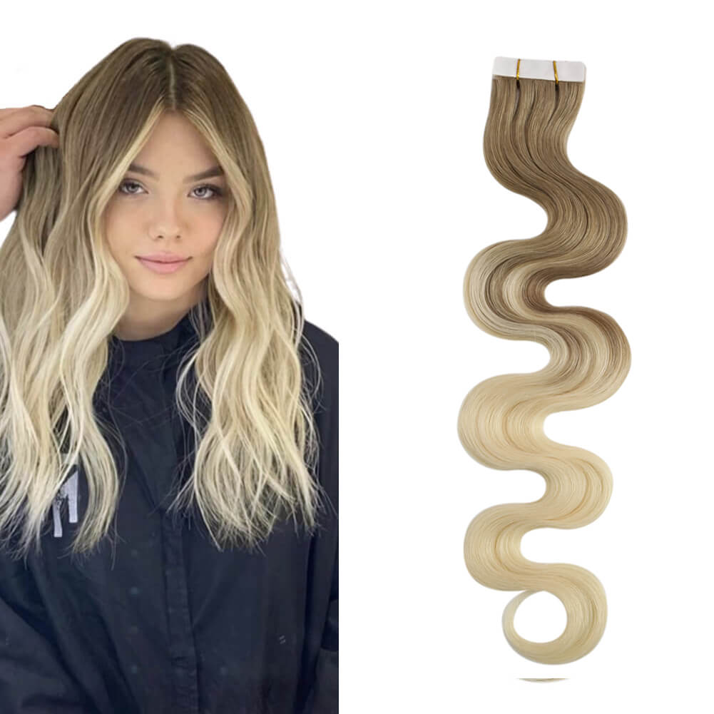 Balayage Omber Brown to Blonde Virgin Curly Tape in Extension