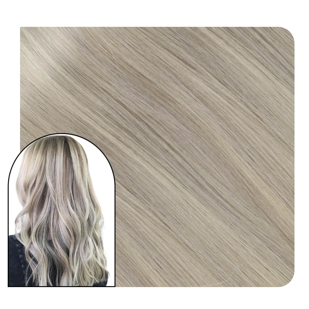 Seamless flat weave extensions silver blonde with blonde hair