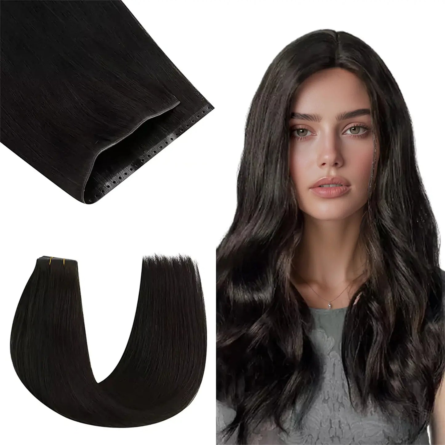 PU Skin Weft Extensions With Small Hole Human Hair Off Black