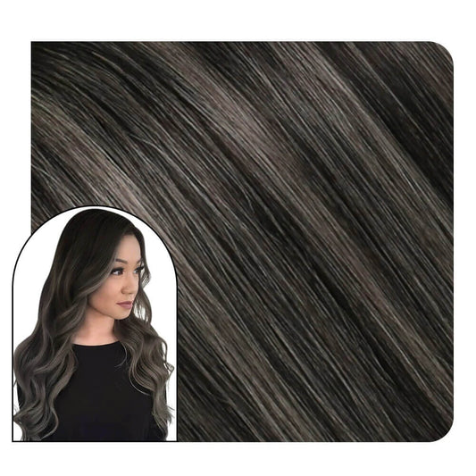 Virgin Flat Silk Weft Hair Extensions Balayage Ombre Black With Silver