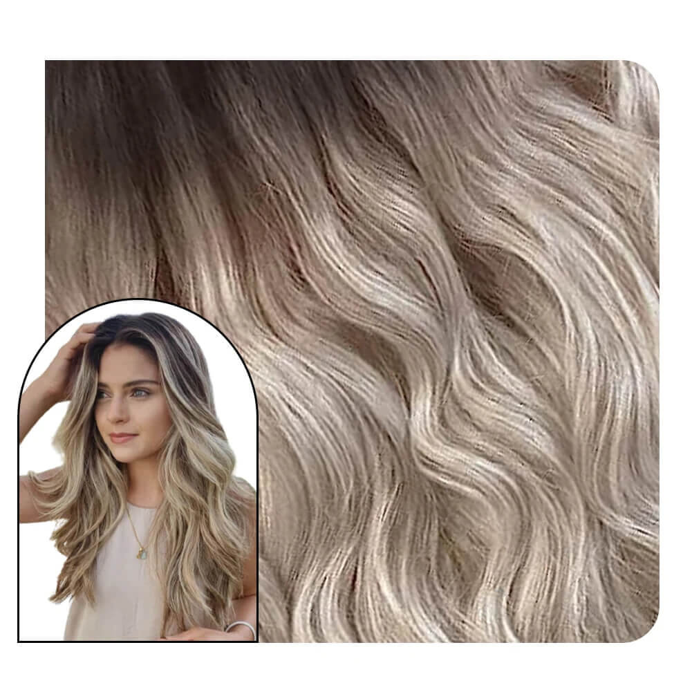 body wave tape in hair extensions brown with blonde adhesive hair