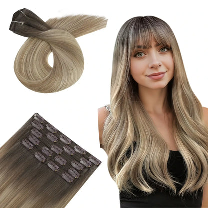 Human Hair Extensions Clip In Balayage Brown Blonde