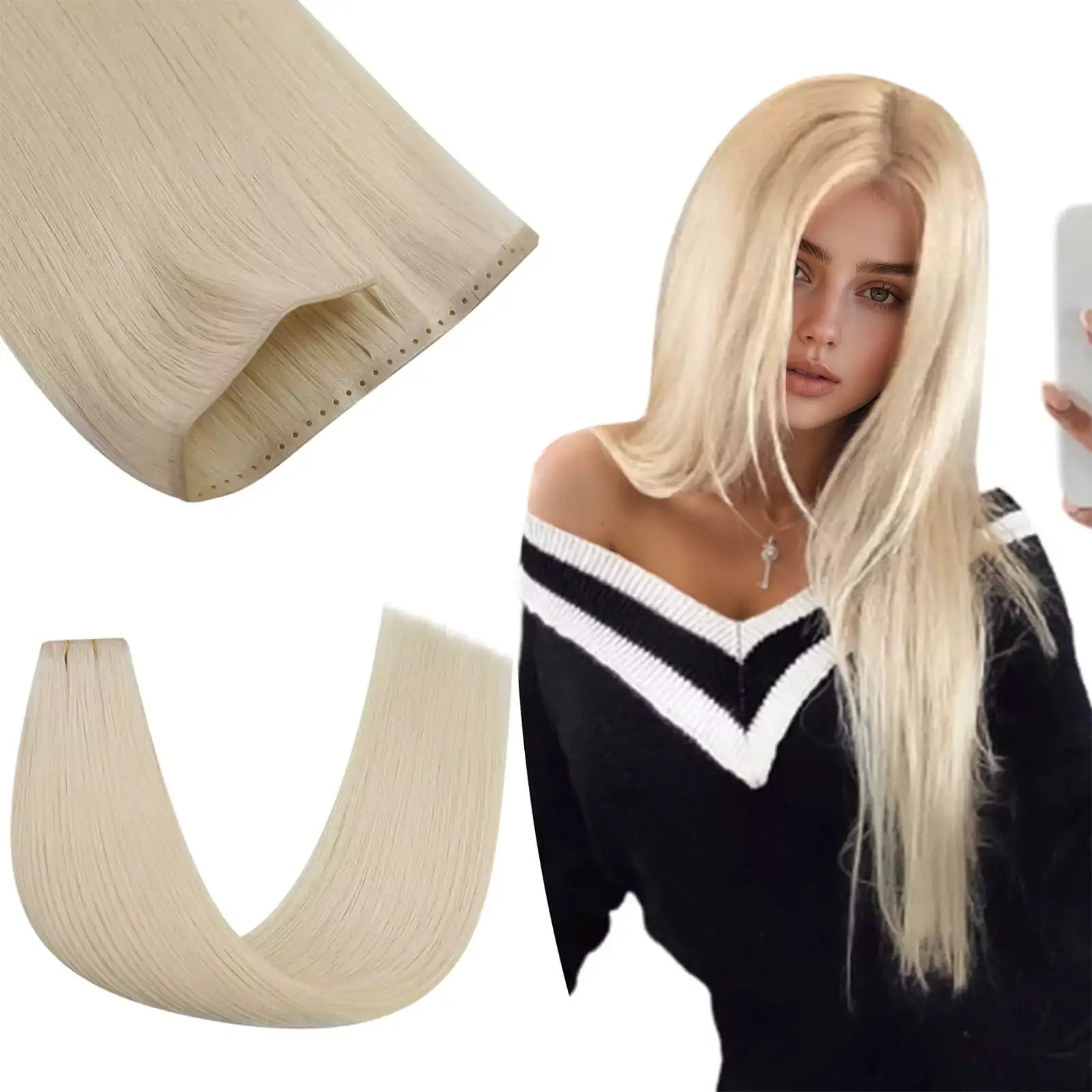 PU Invisible Skin Weft With Holes Human Hair Platinum Blonde