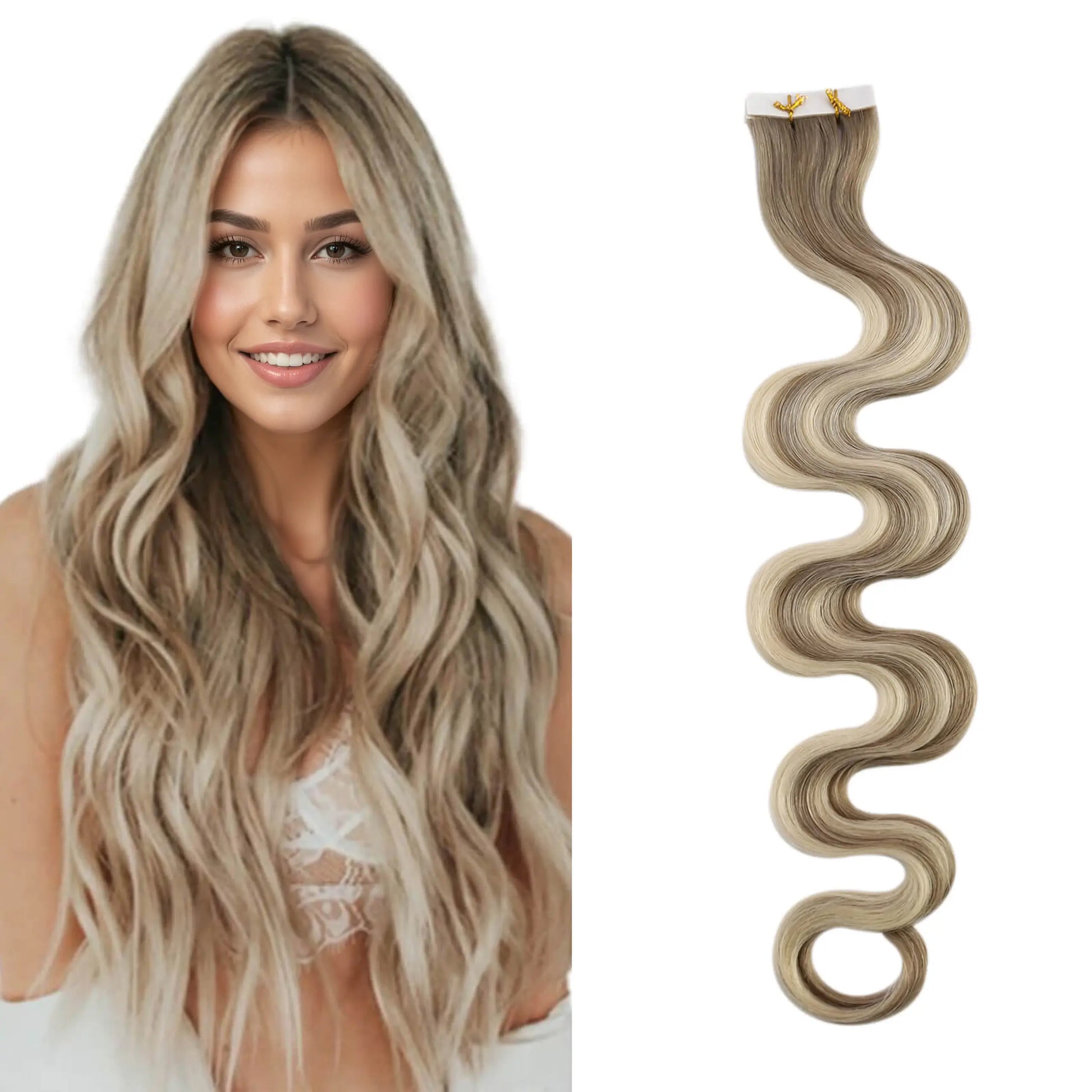 Body Wavy Injected Tape in Extensions Human Hair Balayage #8/8/613