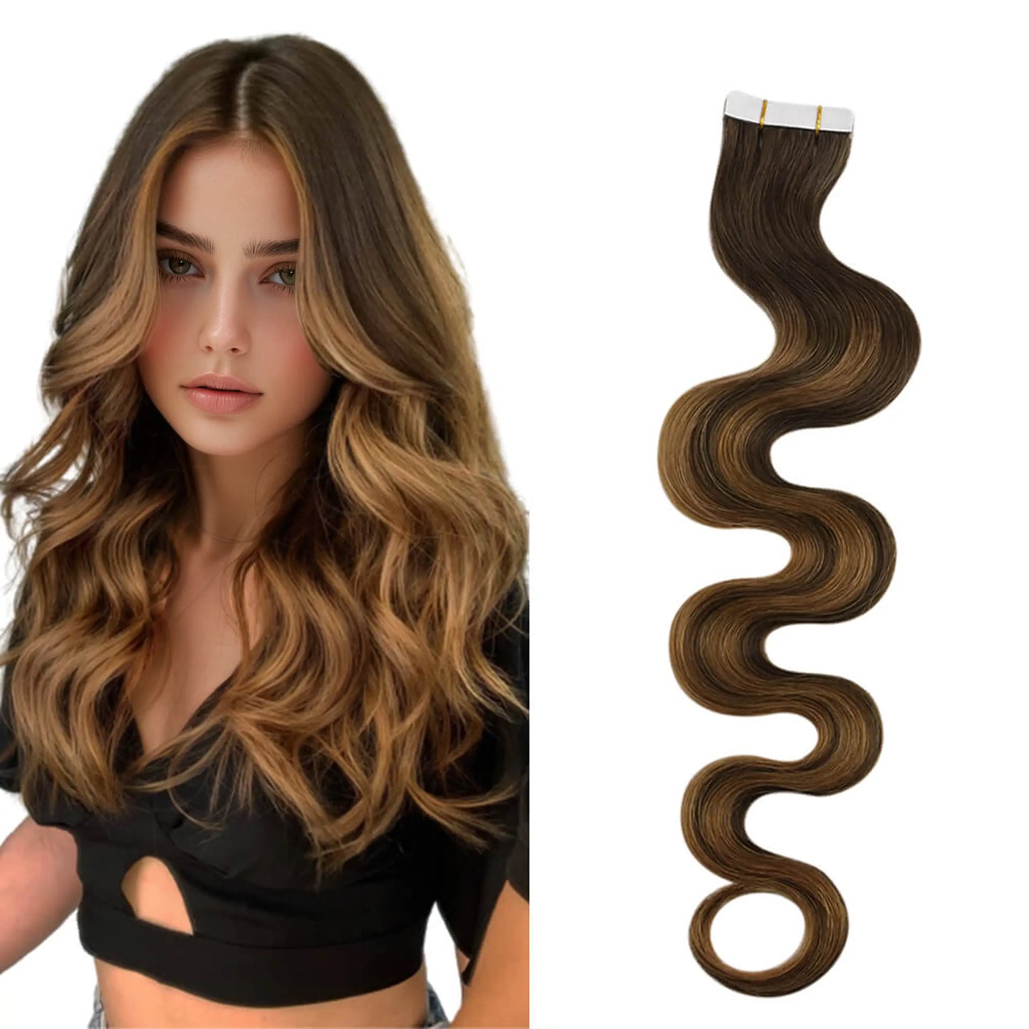 Beach Wavy Injection Tape in Hair Extensions Balayage Ombre Color #DU