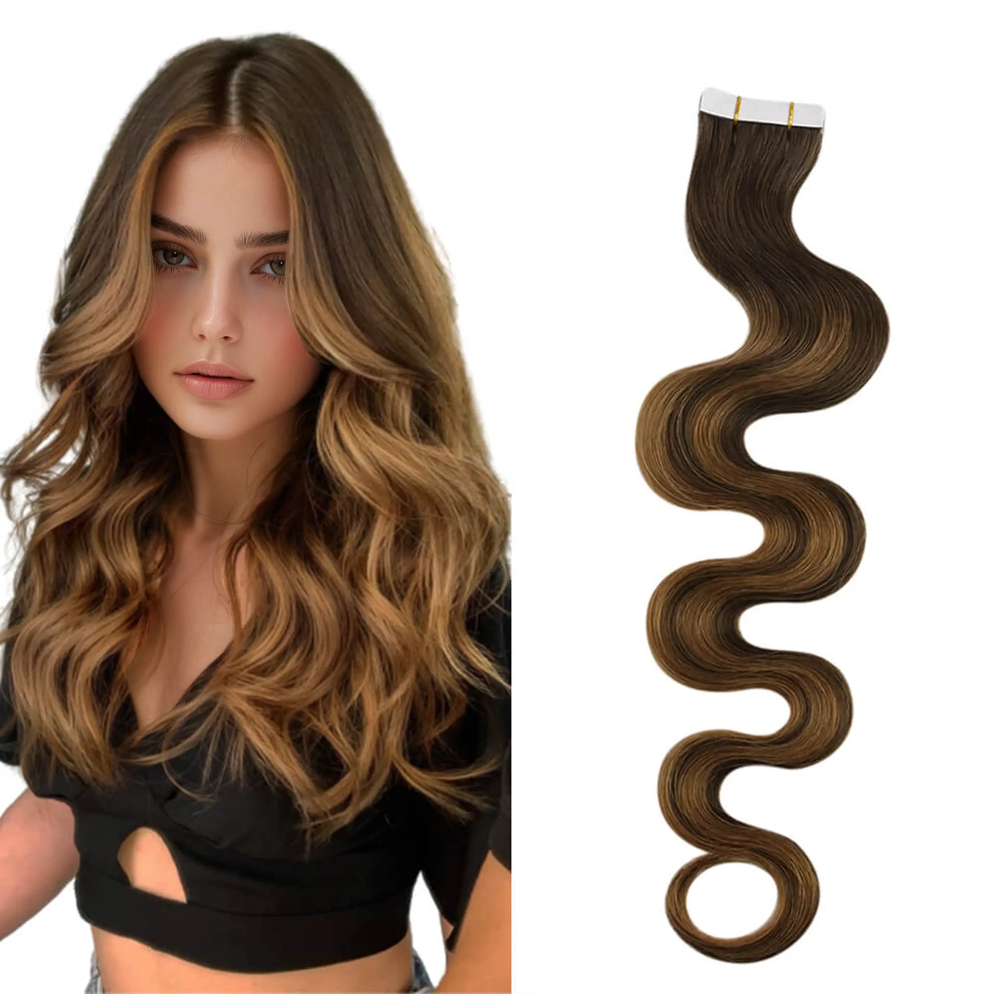 Beach Wavy Injection Tape in Hair Extensions Balayage Ombre Color #DU