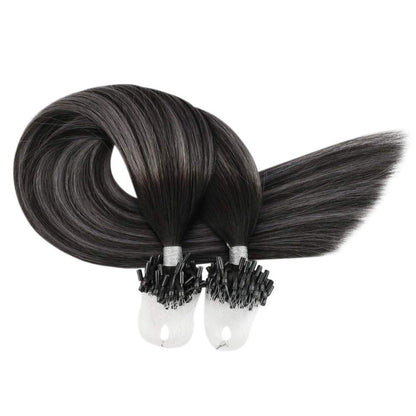 Micro Loop Remy Human Hair Balayage Color Off Black Fading to Silver Micro Beads Loop Hair Extensions