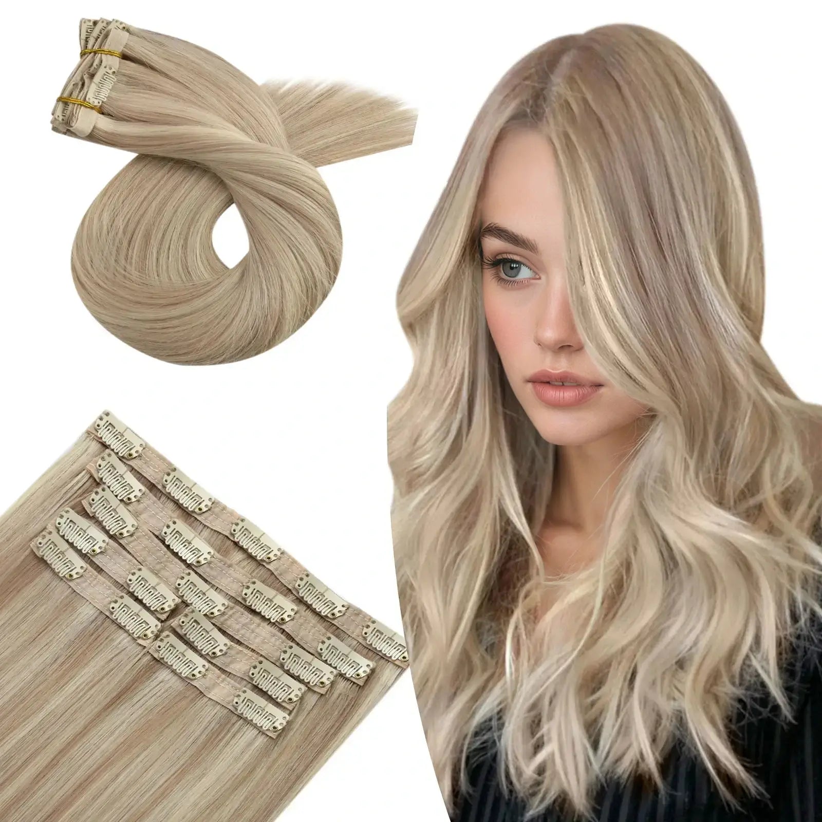 Clip in Extensions Ash Blonde Highlighted For Women Thin Hair