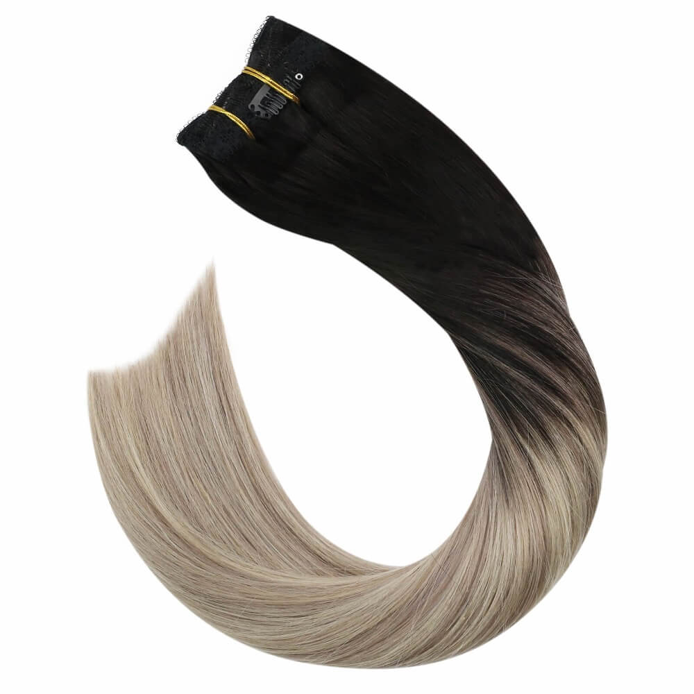 100% Remy Human Hair Clip in Extensions Balayage Color #1B/18/60 Black with Blonde