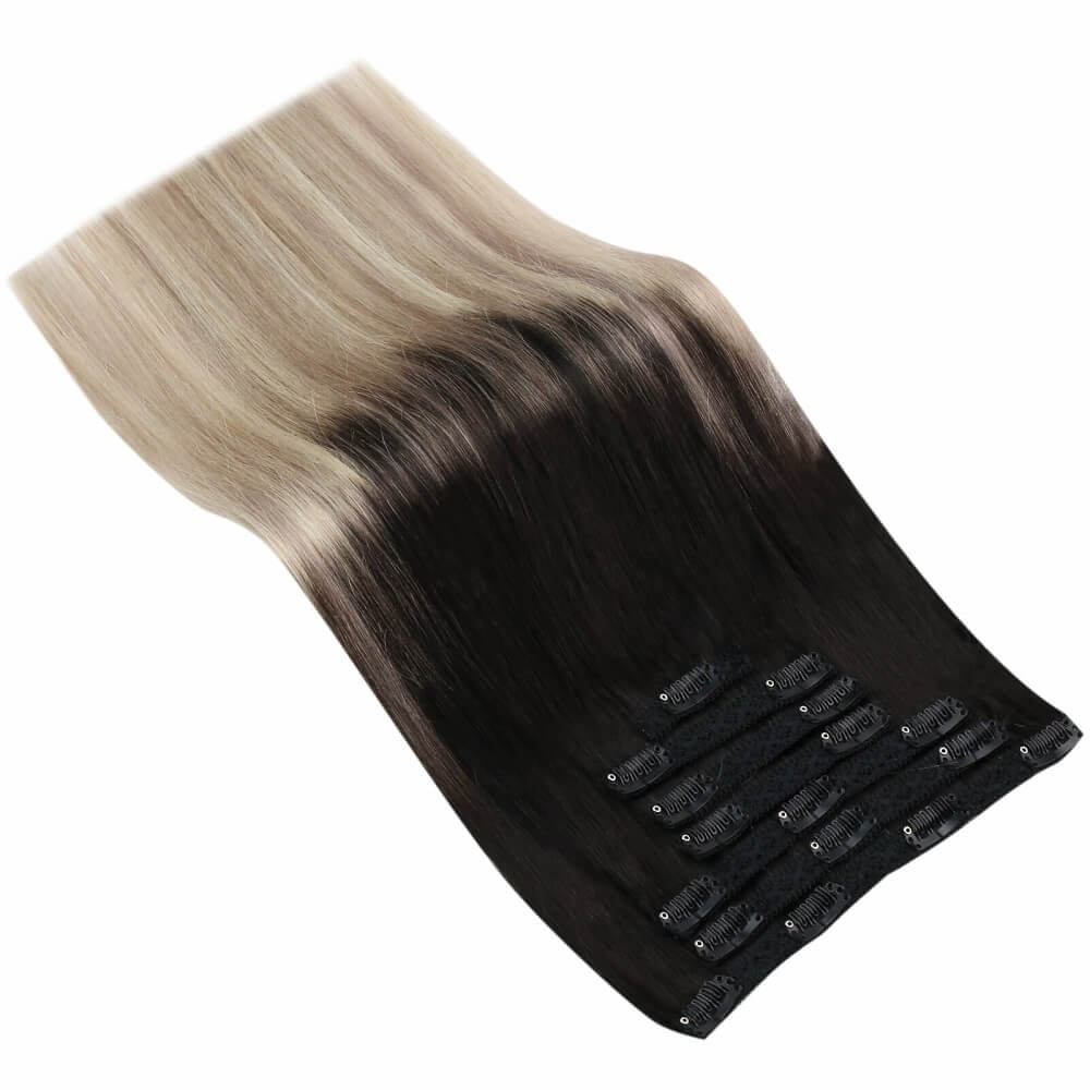 100% Remy Human Hair Clip in Extensions Balayage Color #1B/18/60 Black with Blonde