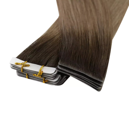 seamless invisible tape in hair extensions dark balayage color
