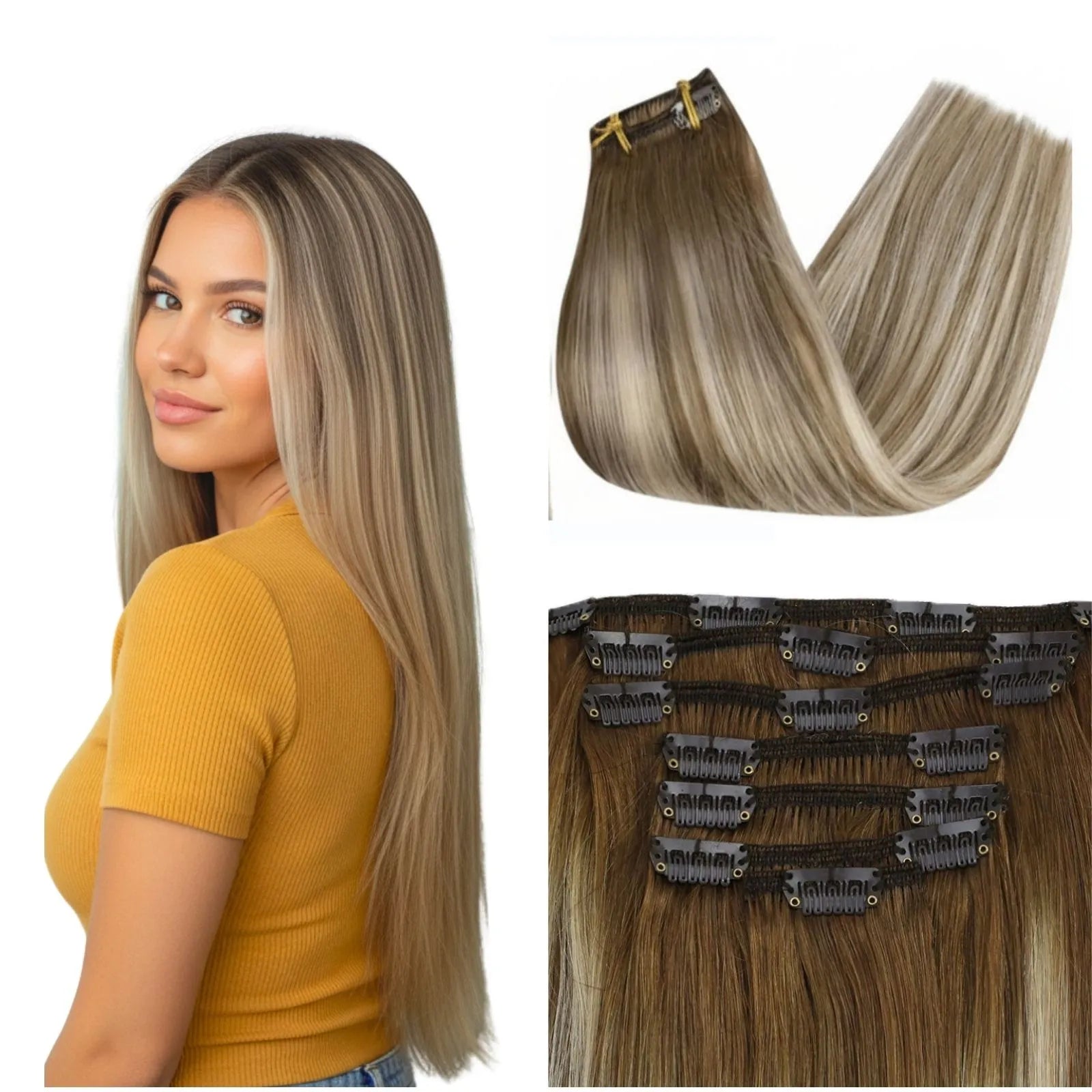 balayage brown with blonde clip in extensions