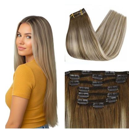 balayage brown with blonde clip in extensions