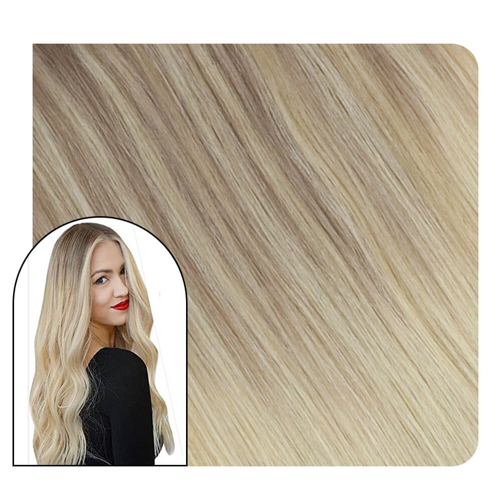 Ash Blonde Clip in Hair Extensions 7PCS Balayage Hair Extensions Clip in Human Hair Ash Blonde to Blonde with Platinum Blonde
