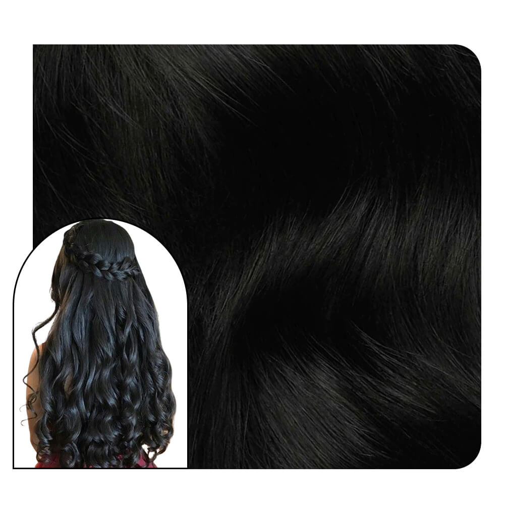 100% Human Hair Beach Wave Tape in Extensions For Black Hair #1B