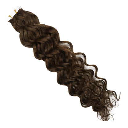 invisible tape in hair dark brown color curly extensions tape in