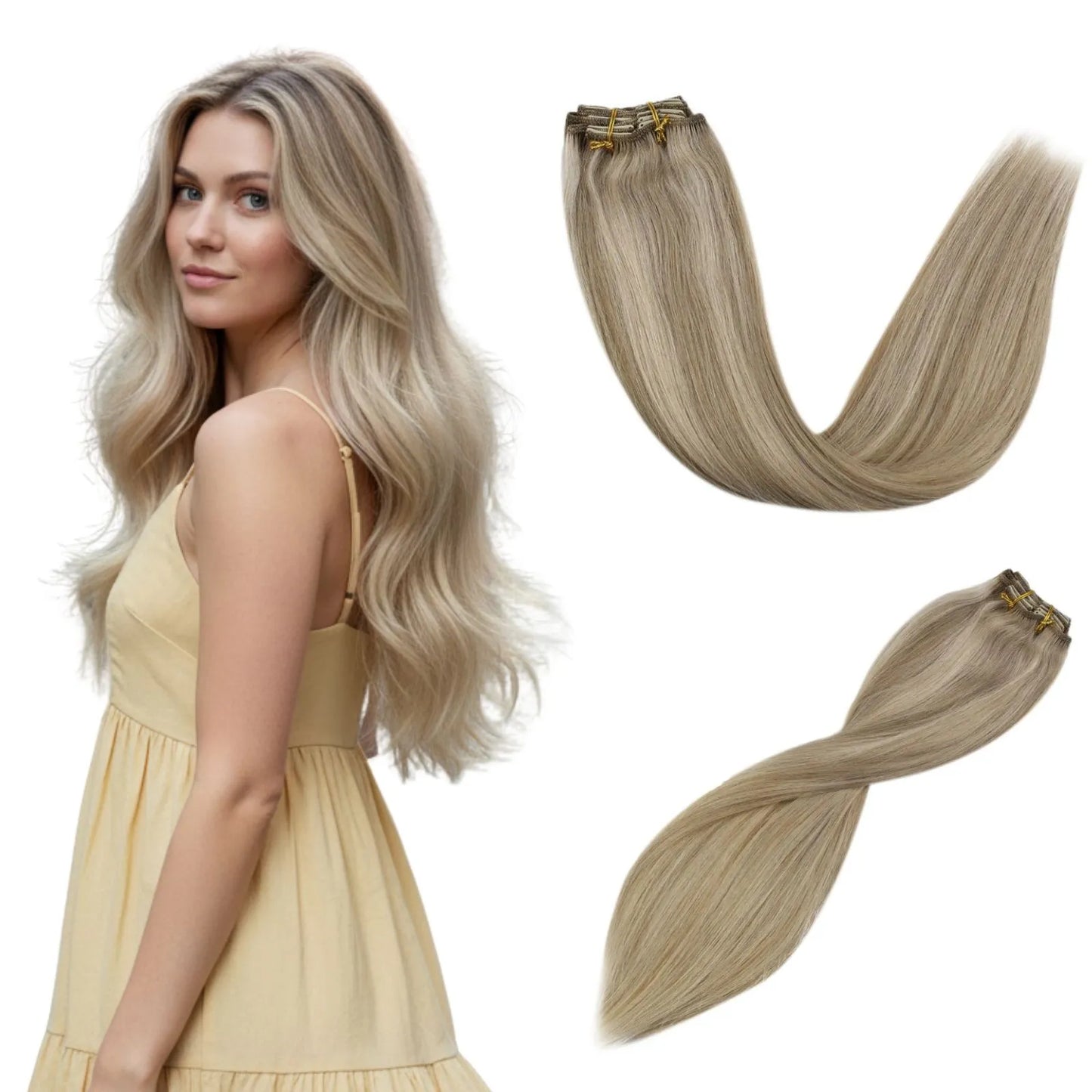highlighted blonde hair injected pu clip ins