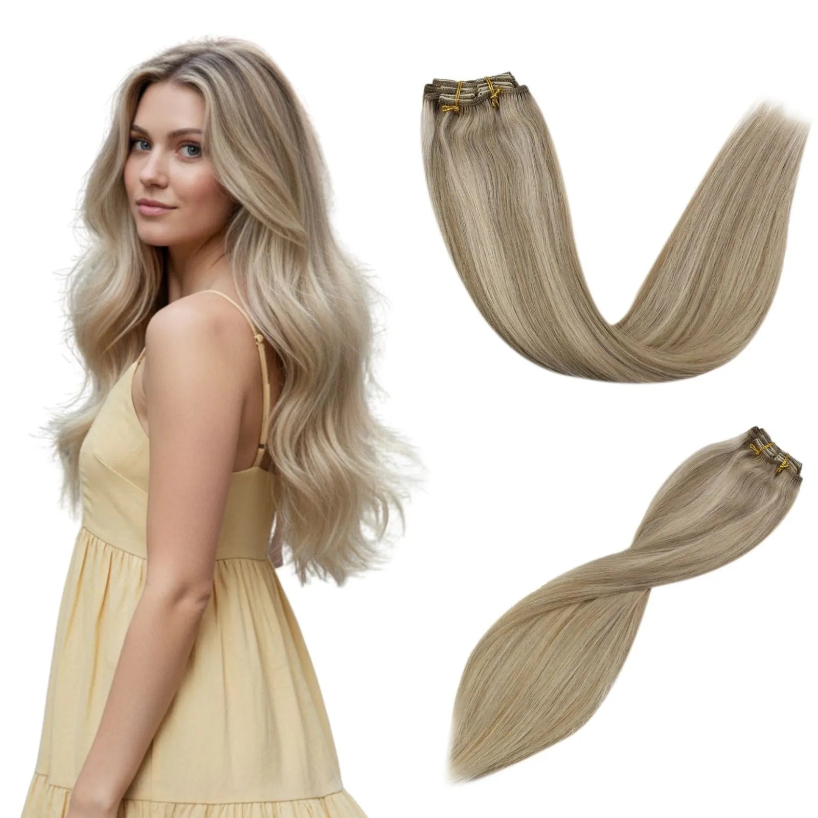 highlighted blonde hair injected pu clip ins