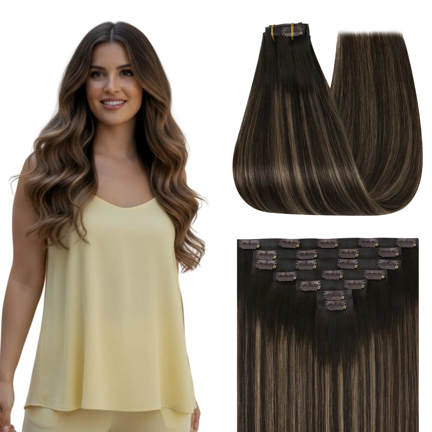 seamless clip in extensions balayage brown hair