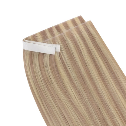 invisible tape weft hair extensions highlighted blonde