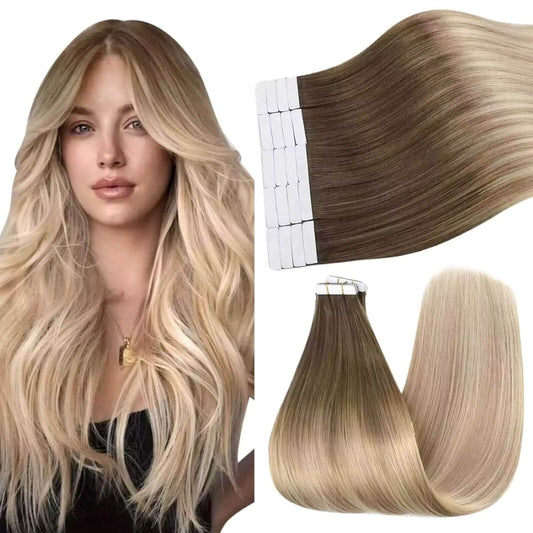 Seamless Tape in Hair Extensions Golden Brown Blonde