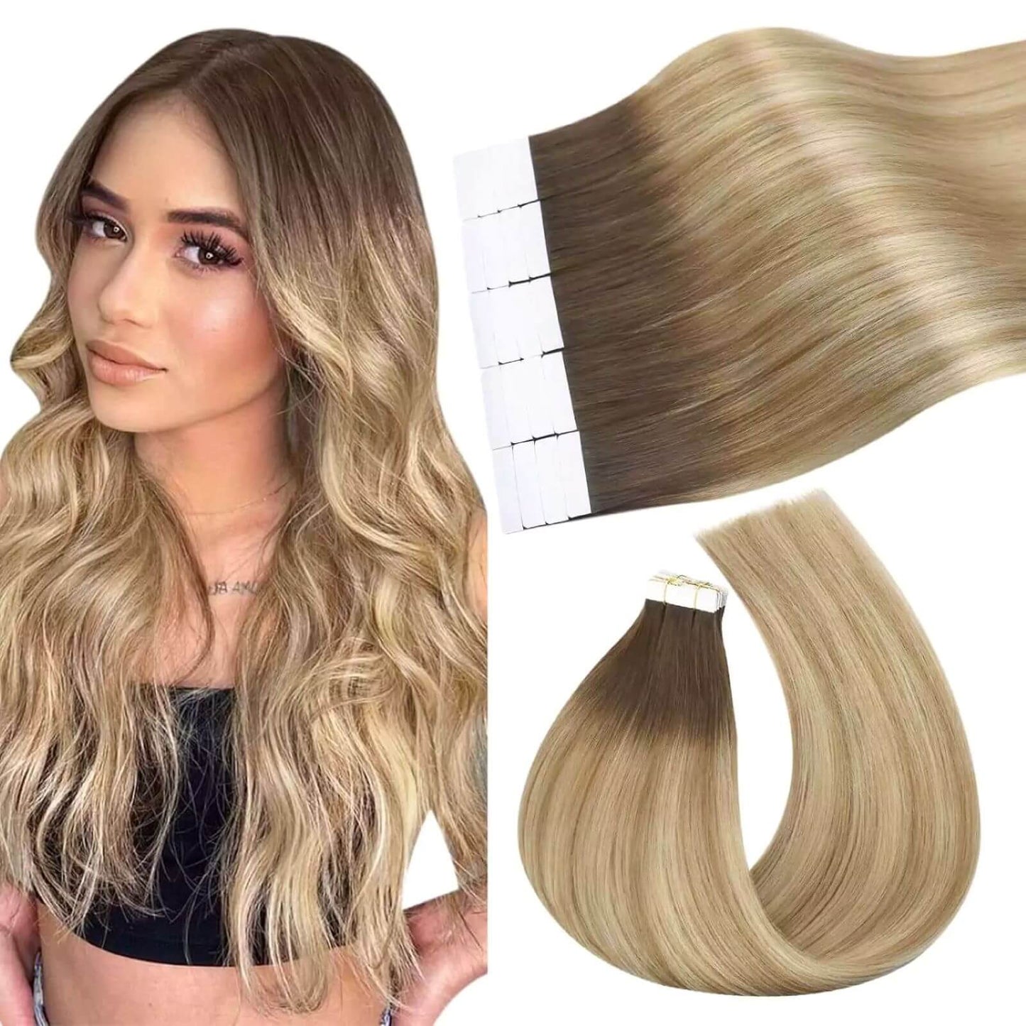 Skin Weft Tape in Human Hair Extensions Balayage Brown Blonde