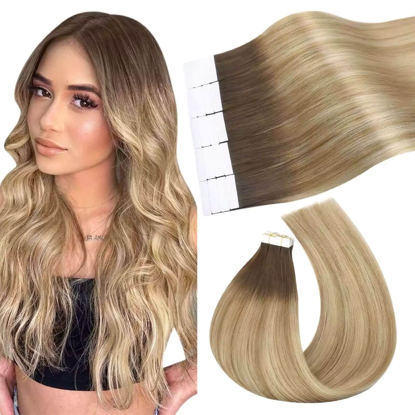 Skin Weft Tape in Human Hair Extensions Balayage Brown Blonde