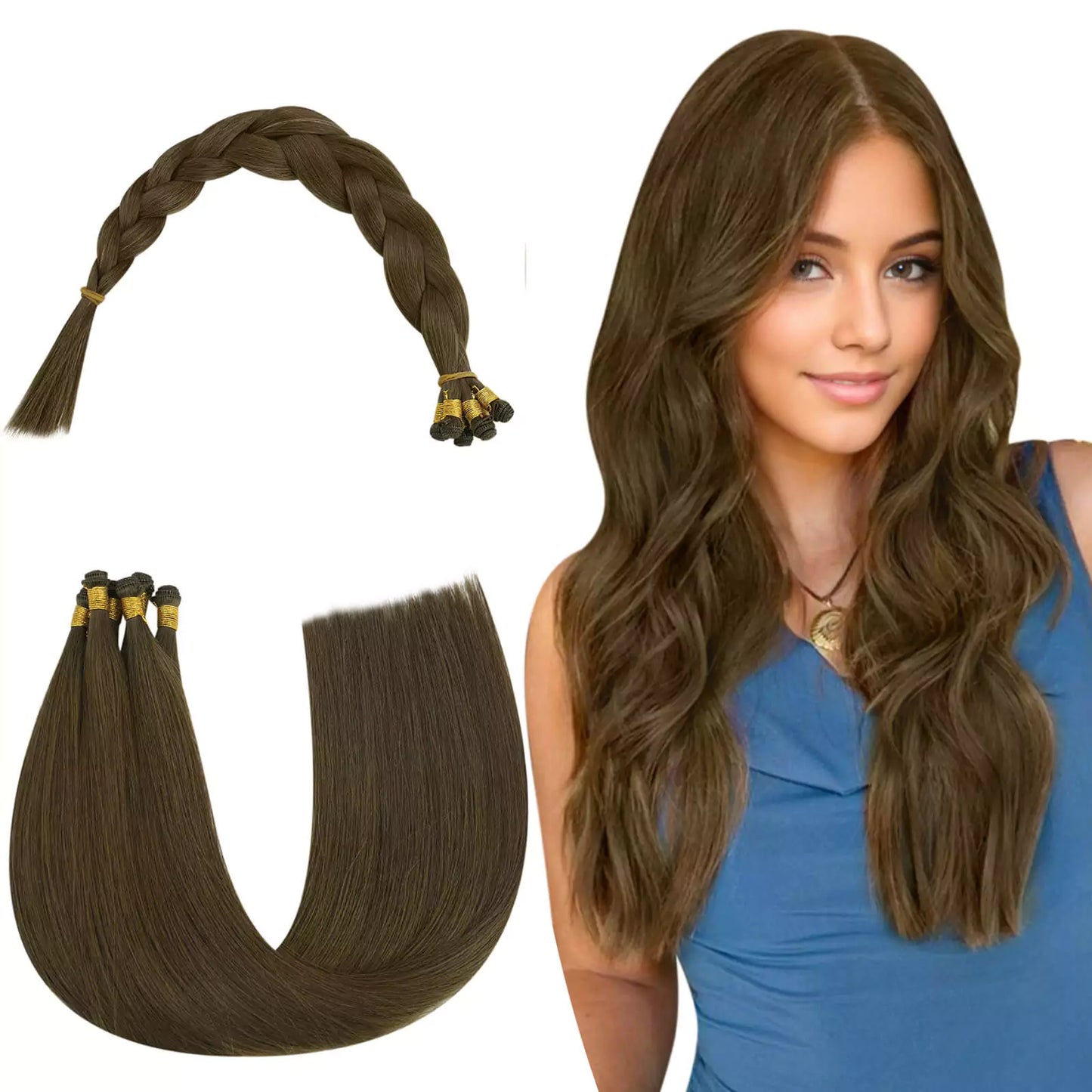 Full Cuticle Virgin Hand-tied Real Human Hair Weft Medium Brown 4