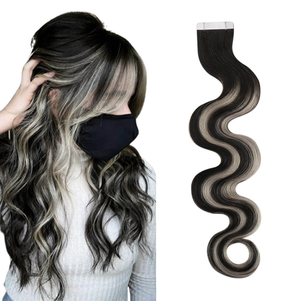 Body Wavy Injected Tape in Hair Extensions Human Hair #1B/Silver/1B