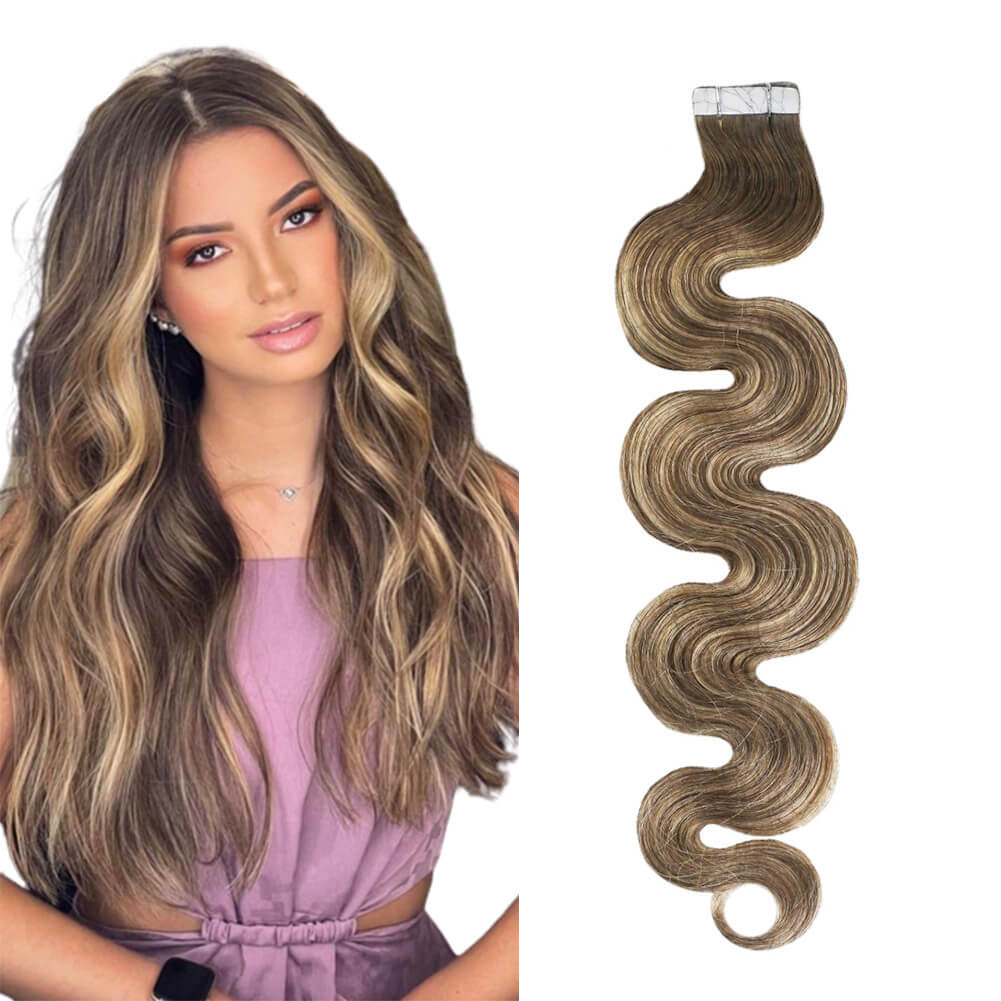 Body Wavy Seamless Inject Tape in Hair Extensions Balayage #4/27/4